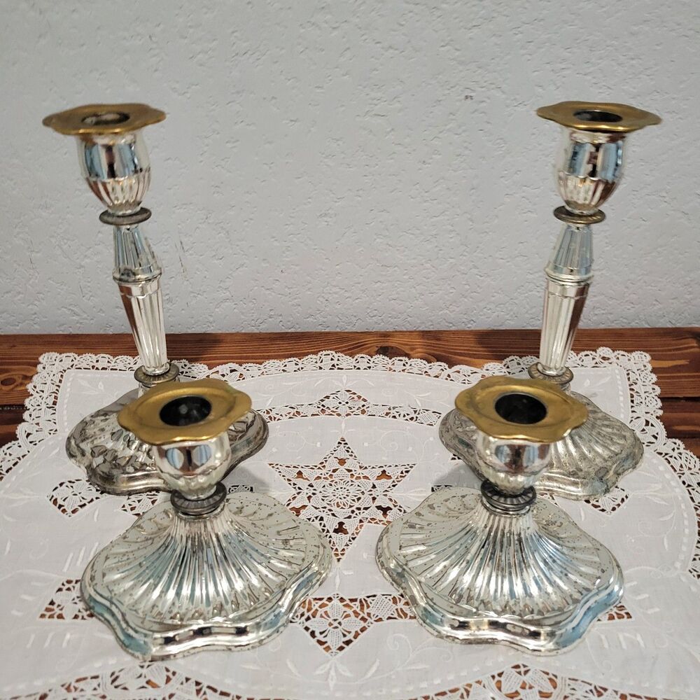 Vintage Candle Stick Set Of 4 Holders Silver Plated Made in England 2-tone